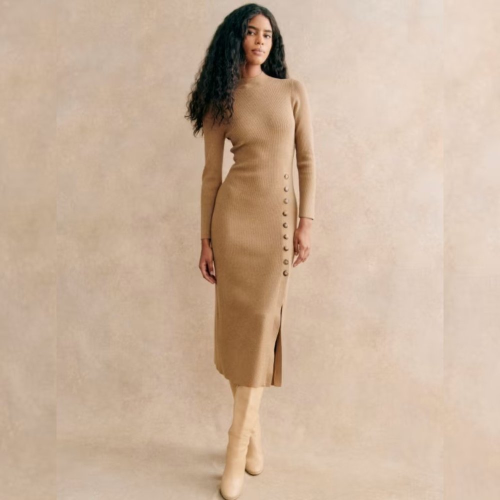 NWOT Sezane Harper Dress in Light Camel Midi Long Sleeves Wool Cotton Button
